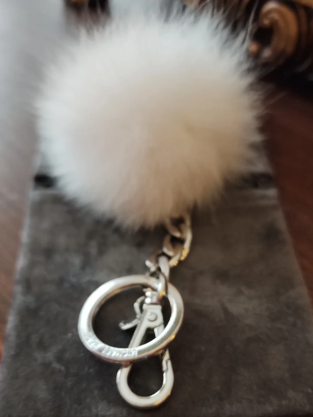 NWOT Michael Kors White Fox Fur Pom Pom Keychain with Silver Hardware